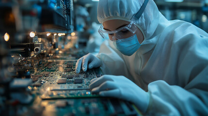 Focused technician in protective gear examines and assembles intricate circuit boards under precise lighting conditions in a high-tech facility. Every detail matters in this careful process