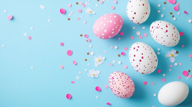 Sparkling confetti, pink and white Easter eggs adorned with festive decorations against a light blue background, perfect for holiday greeting cards, spring themes, and isolated product displays.