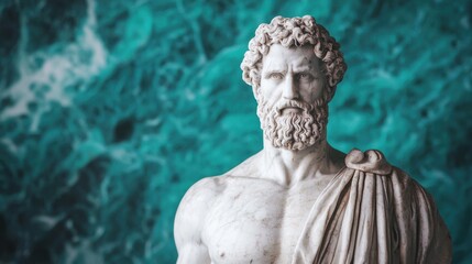 Classical Marble Statue of Ancient Greek God with Turquoise Background