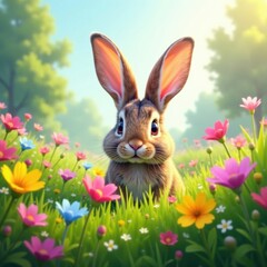 Obraz premium Giant bunny ears peeking from behind a patch of colorful wildflowers, grass, flowers, spring