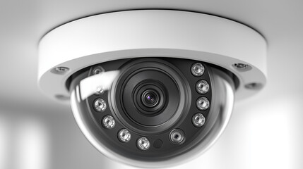 A cutting-edge surveillance camera hangs from the ceiling, equipped with multiple lenses and illuminated by integrated lights, ensuring optimal security in a contemporary environment