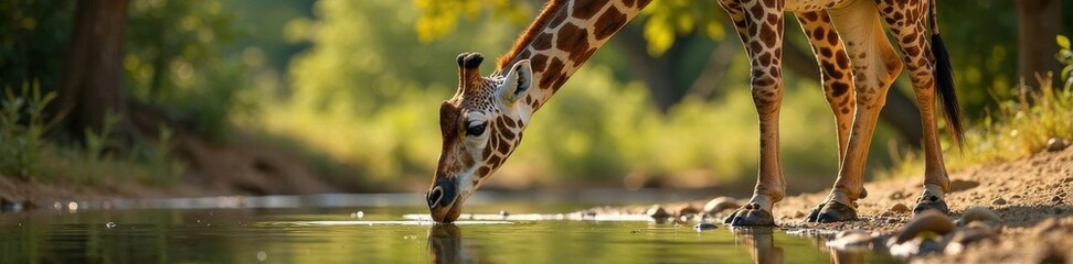 Obraz premium Giraffe drinking from watering hole , wildlife, giraffe, animal