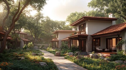 Obraz premium Sunny resort pathway, tranquil homes, lush greenery