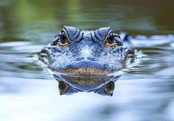 Naklejka premium Close-up View of a Crocodile Head Emerging from Calm Water with Reflection of Eyes and Snout in Natural Habitat