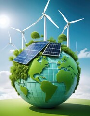 Green energy planet with wind turbines and solar panels eco illustration 