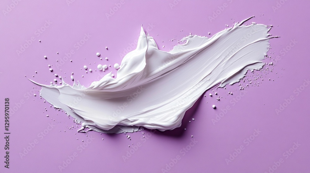 Poster swaths of smooth, white paint spread across a gentle lavender surface, creating a striking contrast 