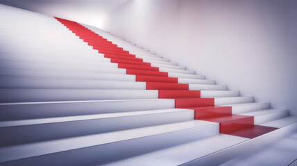 Abstract staircase with a bold red stripe running through the center, creating a visually striking contrast against the minimalist white surroundings