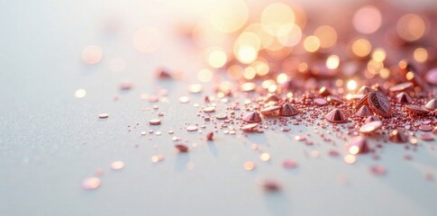 Glittering metallic foil scattered across a white surface with subtle reflections and shimmering highlights, metallic, light reflections, gold foil background