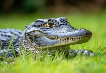 Fototapeta premium Close-Up View of a Crocodile in Natural Habitat with Green Grass and Detail on Skin Texture Captured in High Resolution