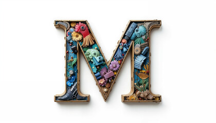 Intricately designed letter M,  is framed with detailed textures and colorful elements