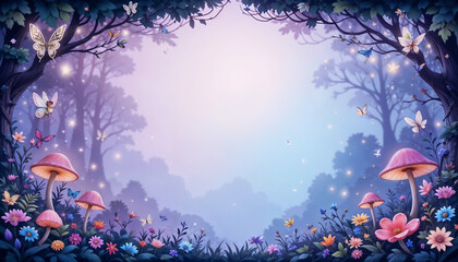 A magical fantasy forest frame featuring glowing fireflies, pink mushrooms, and delicate fairies fluttering among vibrant wildflowers
