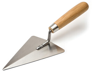 Professional Masonry Trowel with Polished Steel Blade and Wooden Handle Isolated on White Studio Background
