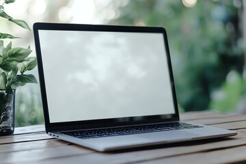 Laptop with blank screen on wooden table outdoors.