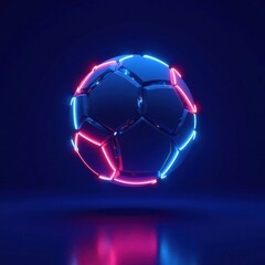 Naklejka premium glowing neon soccer ball suspended in mid air over dark blue background, glowing soccer ball, stadium lights, glowing orb