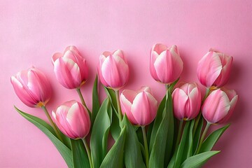 Fototapeta premium Elegant pink tulips on a soft pastel background, perfect for Mother's Day, Easter, or Women's Day cards, evoking renewal and tranquility in springtime.