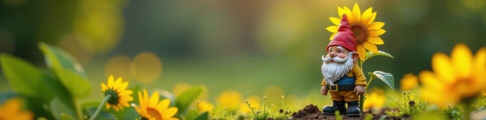 Gnome standing guard beside a bright yellow sunflower, statues, gardens, landscaping