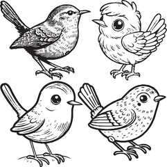 Charming Cartoon Bird Silhouettes - Black and White Avian Illustrations