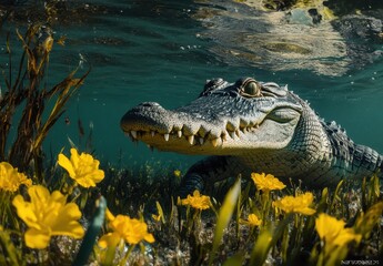 Obraz premium Close-up View of a Crocodile Swimming Beneath Water Surrounded by Vibrant Yellow Flowers and Lush Greenery in a Serene Aquatic Environment