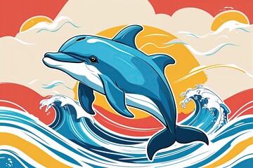 Obraz premium Vibrant Dolphin Illustration with Fun Waves and Colorful Background Design
