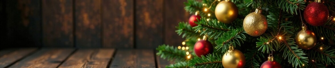 Golden ornaments and garlands on a wooden Christmas tree, xmas decoration, wooden decor, holiday embellishments