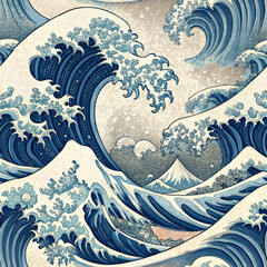 Seamless Japanese wave pattern in blue tones