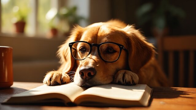 A golden retriever wearing glasses falls asleep while studying.