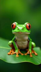 Naklejka premium Green frog on a leaf with silly expression and wiggling legs , sitting, leaf, frog