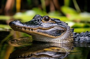 Fototapeta premium Close-Up View of a Crocodilian Head Emerging from Calm Water Surrounded by Lush Greenery in a Serene Natural Habitat