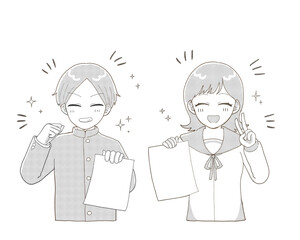 笑顔で結果を見せる男子学生と女子学生