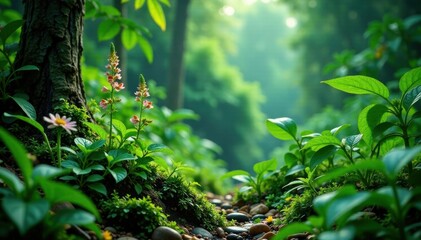 Obraz premium Greenery of tropical herbs and flowers growing in a humid forest environment, tropical plants, humid forest, herbs