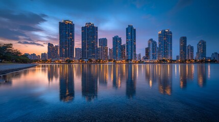 Fototapeta premium City Skyline Reflection at Dusk with Illuminated Buildings and Calm Water
