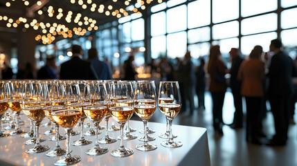 Elegant Corporate Event with Glasses of Champagne and Guests Socializing in a Stylish Venue