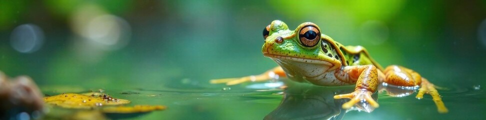 Obraz premium Grenouille avec panneau blanc dans l'eau, fond bleu, animal aquatique, eau