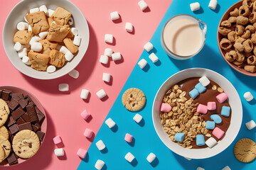 Playful Snack Time &ndash; Marshmallows, Cookies, and Chocolate on a Colorful Background