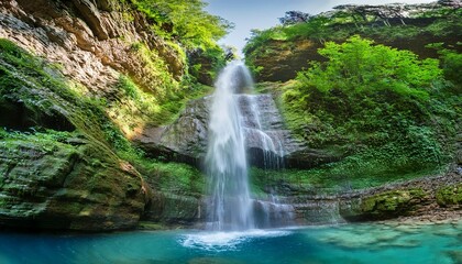 Obraz premium A close-up of a cliffside waterfall, with the clear water falling over the edge and splashing into the pool below, capturing the motion and natural beauty. 