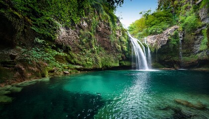 A close-up of a cliffside waterfall, with the clear water falling over the edge and splashing into the pool below, capturing the motion and natural beauty.
