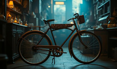 A vintage-style steampunk bicycle with brass gears and copper filigree sits in a dimly lit, dusty antique shop.