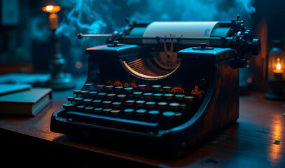 Worn vintage typewriter keyboard surrounded by intricate clockwork and neon circuitry in a smoky study.