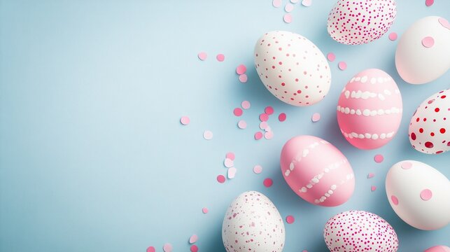 Sparkling confetti, pink and white Easter eggs adorned with festive decorations against a light blue background, perfect for holiday greeting cards, spring themes, and isolated product displays.
