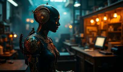 Fototapeta premium The automaton's intricate mechanical limbs stretch out as it rises from its wooden base, surrounded by gears and clockwork mechanisms.