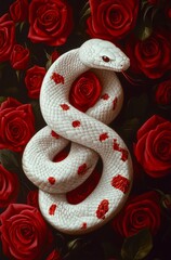 Fototapeta premium White snake among red roses.