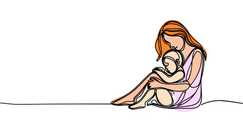 Happy Mother day card. Continuous one line drawing. Woman hold her baby. Vector illustration