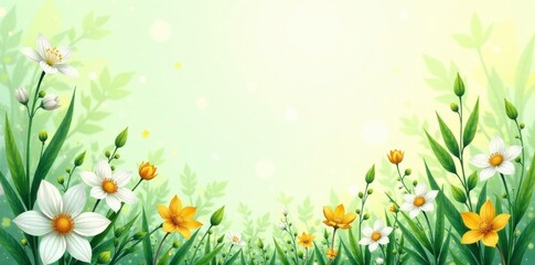 Fototapeta premium Hand-Drawn Green Floral Background with Spring Elements , botanical, vector, nature