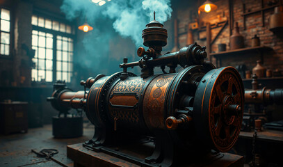 A vintage steam engine with copper filigree sits amidst dusty, dimly lit workshop.