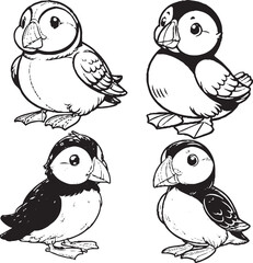 Charming Cartoon Puffin Silhouettes - Black and White Avian Illustrations