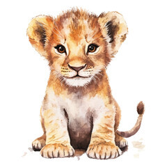 Obraz premium Cute lion cub sitting on the ground, watercolor illustration isolated on a white background