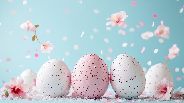 Three pink and white Easter eggs are decorated on a light blue background, with shiny confetti, delicate flowers, and a soft defocusing effect, showcasing holiday decorations and elegant products.