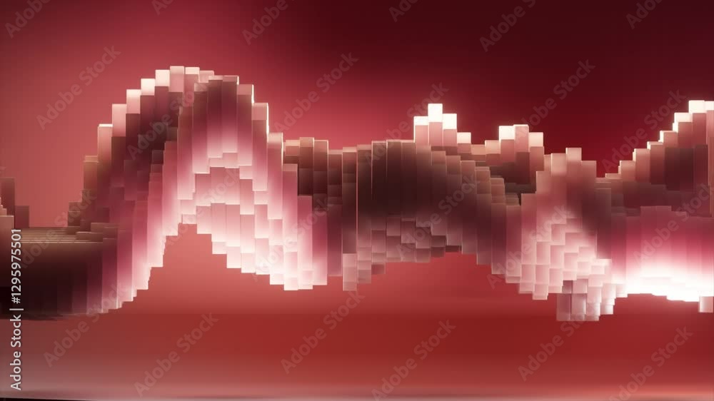 Poster pixelated waveform continuously transforming on vibrant red background, generating dynamic abstract 