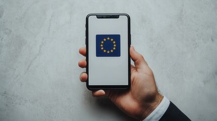 Hand Holding Smartphone Displaying European Union Flag Concept