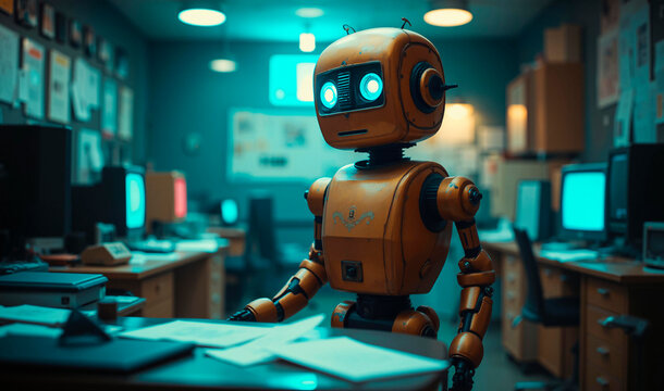 Vintage robot in 80s computer lab with copper accents, blue optics, papers, and Polaroids.